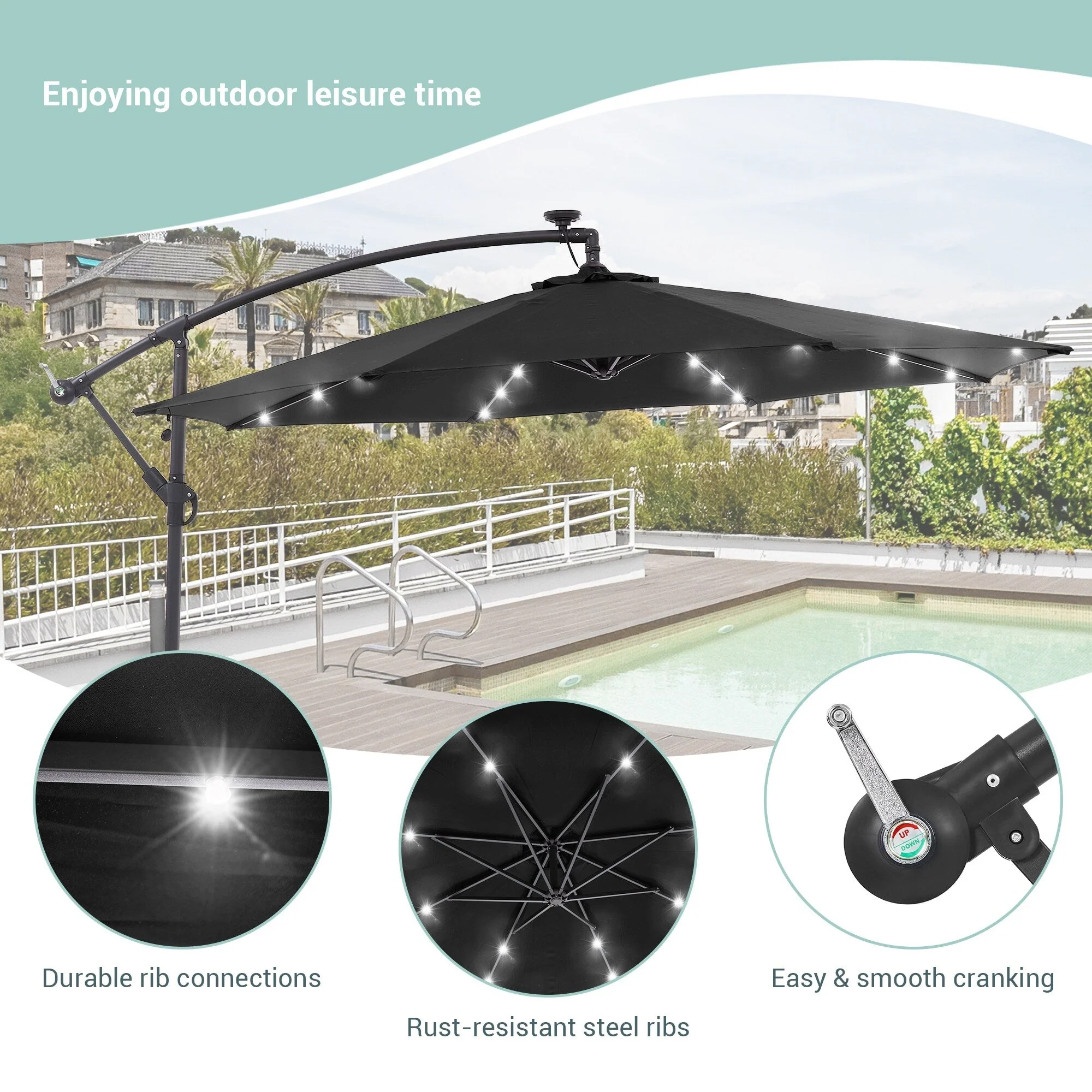 LIVOOSUN 10ft LED Patio Offset Umbrella With Cross Base