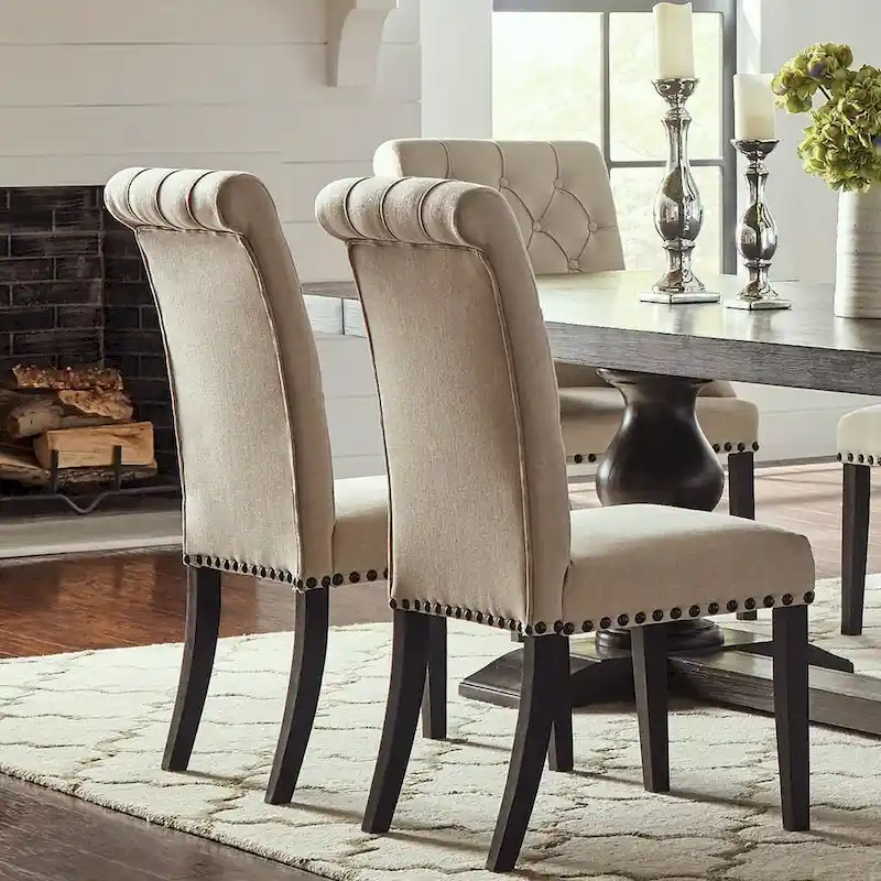 Rolled Back Design Button Tufted Beige Dining Chairs with Nailhead Trim (Set of 2)