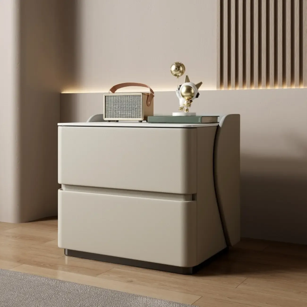 Modern Stone Top Leather Pine 2-Drawer Nightstand