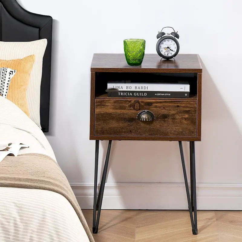 Modern Mid Century 1-Drawer Hairpin Nightstands, Brown/Blue/Black/Yellow, Four Options