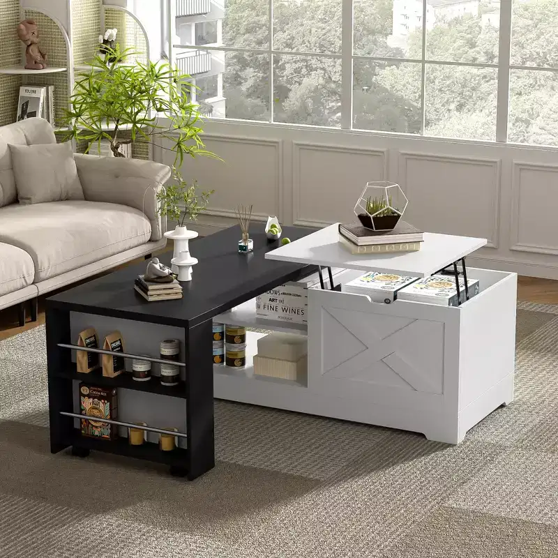 JVNOXK Farmhouse-style lift coffee table with barn doors, featuring large hidden storage and open shelving, suitable for living room, bedroom,office
