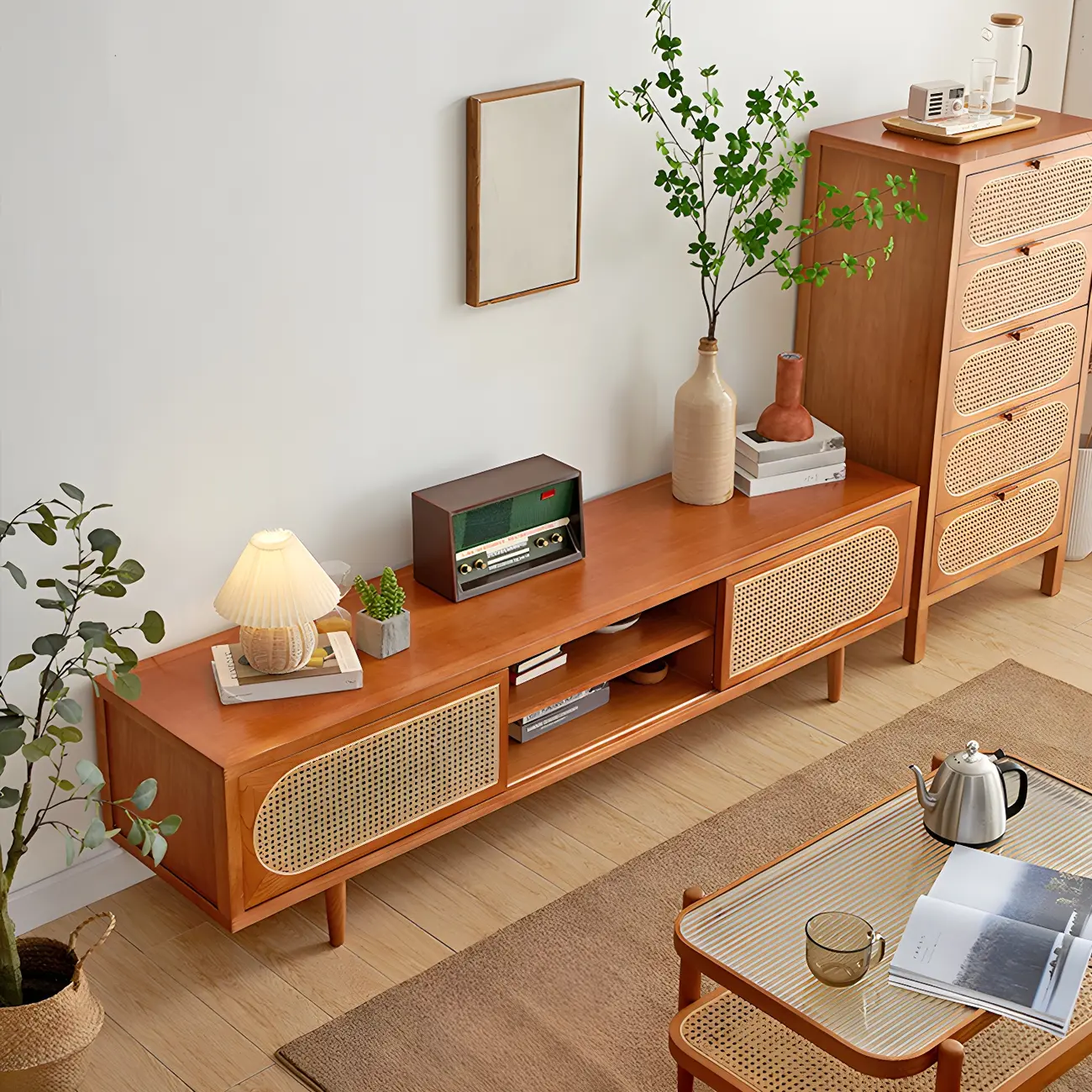 79 Natural Wood Open Storage TV Stand with Rattan Doors