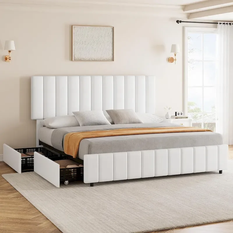 Grey/Black/White PU Leather Bed Frame with 4 Drawers & Adjustable Headboard – Full/Queen/King, 1–2 Person