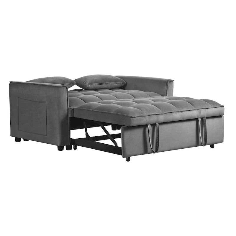 Modern Velvet Loveseat Futon Sofa Couch Pullout Bed, Small Love Seat Lounge Sofa w/Reclining Backrest, Toss Pillows, Pockets