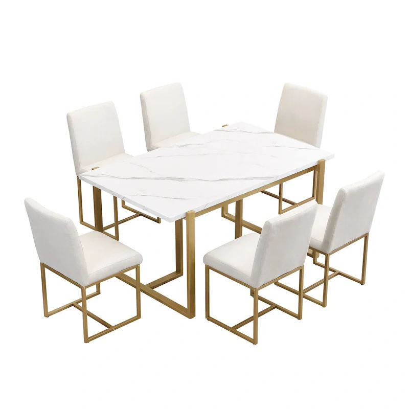 Modern Rectangular Dining Set - Faux Marble Table and 6 Upholstered Chairs