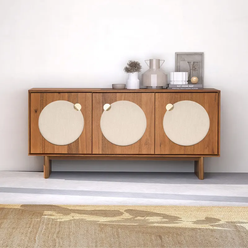 Walnut & Brass Wide Sideboard with Fabric Doors – Mid-Century Style, 1-Person Assembly