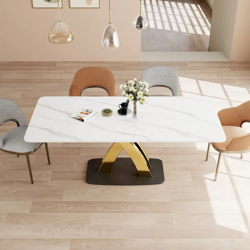 Modern White Rectangular Dining Table,Sintered Stone top,Gold X-Shaped