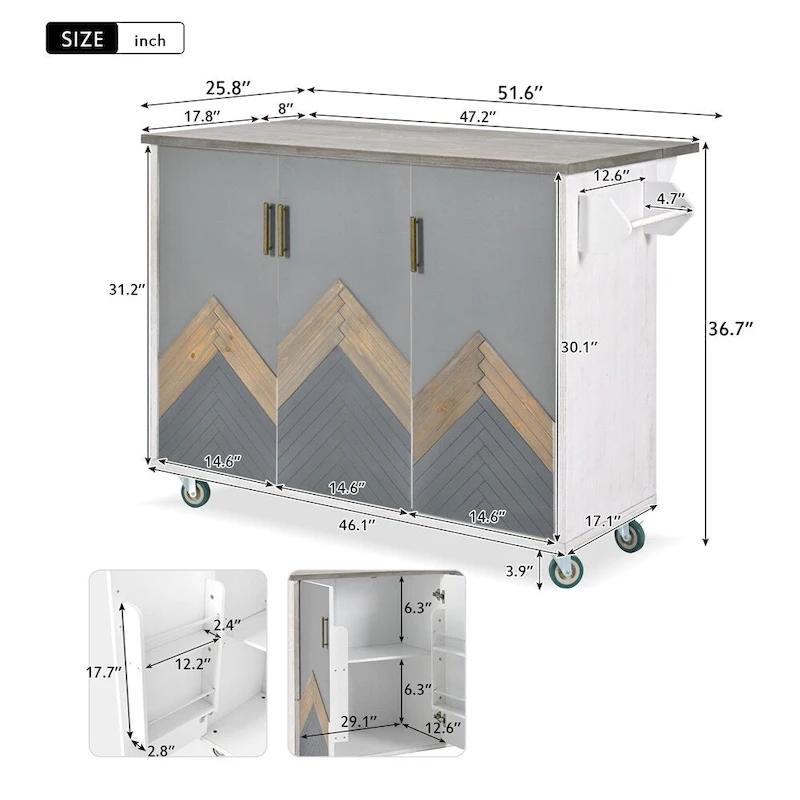 Retro Mountain Wood Kitchen Island with Drop Leaf, Storage Rack