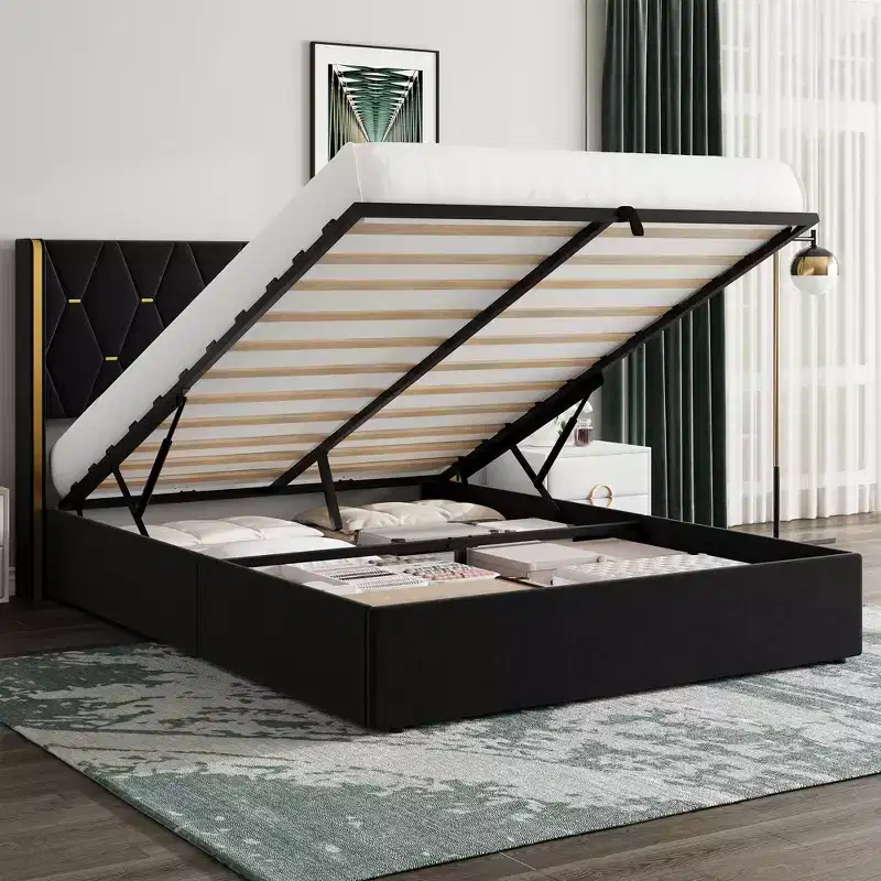Storage Bed with Wingback Headboard, Modern Upholstered Bed Frame, Strong Wood Slats, No Box Spring Needed, Easy Assembly