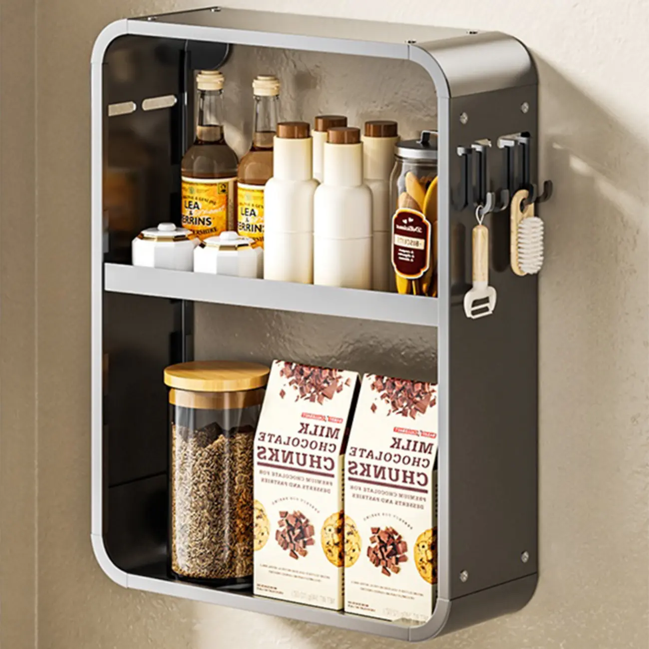 Adjustable Metal Wall-Mounted Kitchen Storage Racks with Hooks