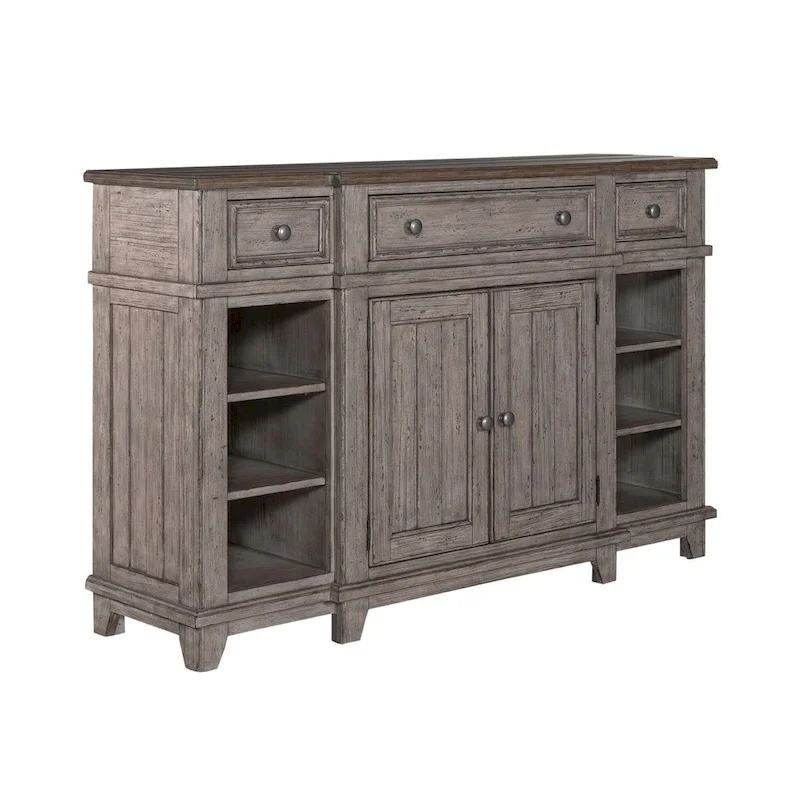 White & Grey Distressed Pine Breakfront Server – 1 Piece
