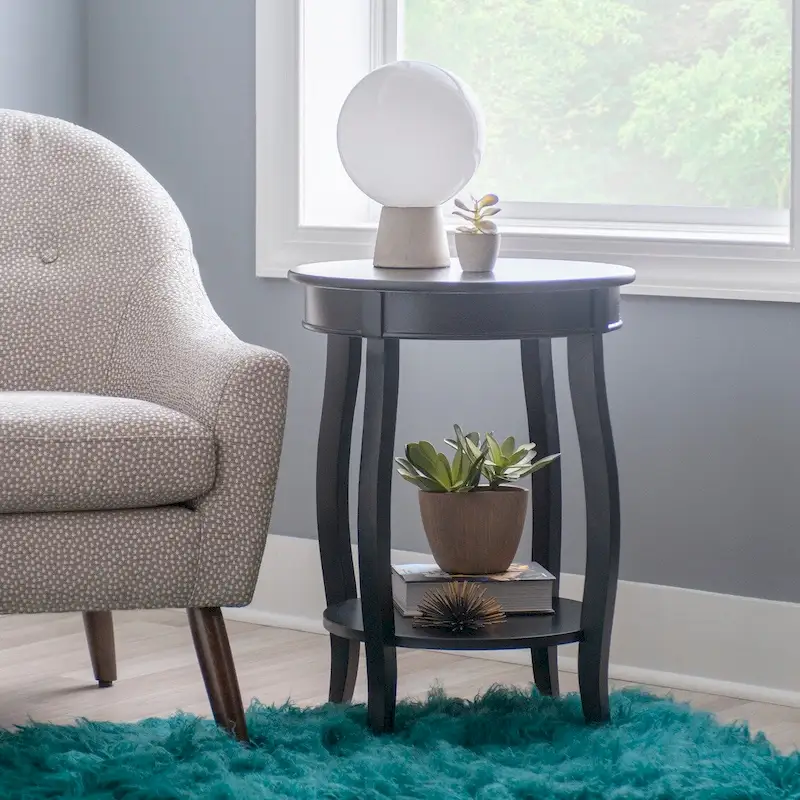 White Round Side Table with Lower Shelf & Cabriole Legs, 1-Person