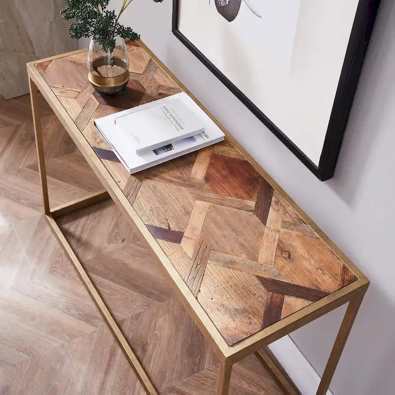 Reclaimed Wood & Antique Brass Console Table, Farmhouse Style, 1-Person Assembly