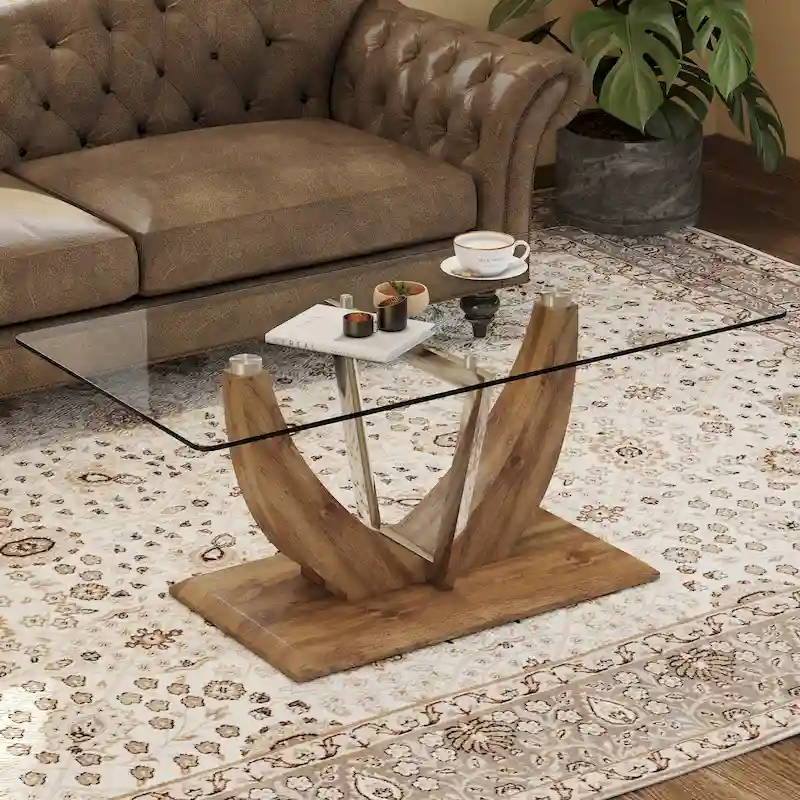 43.3 Modern Rectangular Coffee Table with Stainless Steel Decorative Columns and Thick Base Support