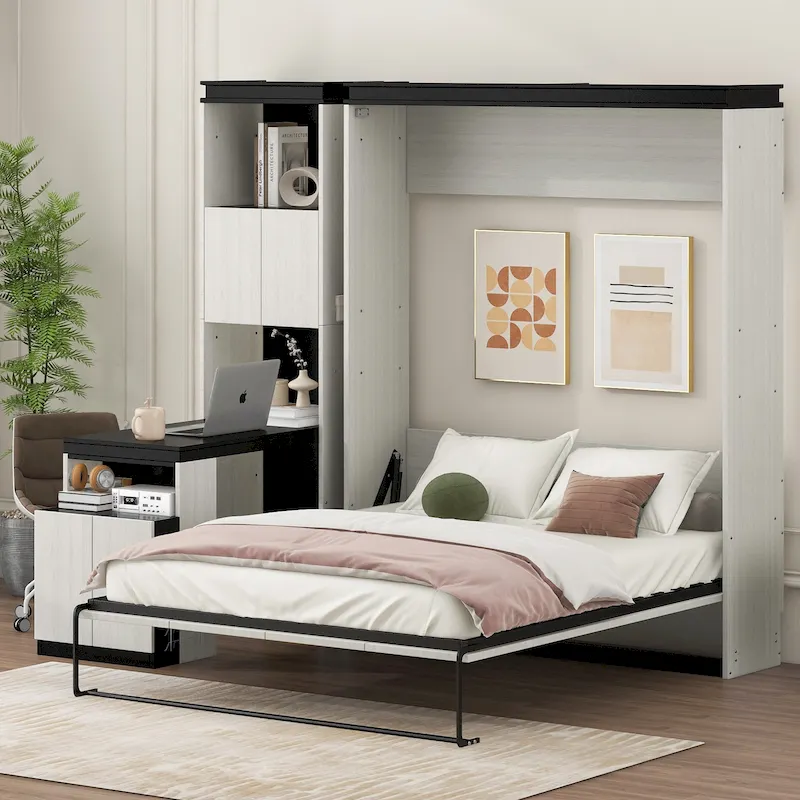 Black & White Full Size Murphy Bed with Desk and Storage Shelves, For 1 Person