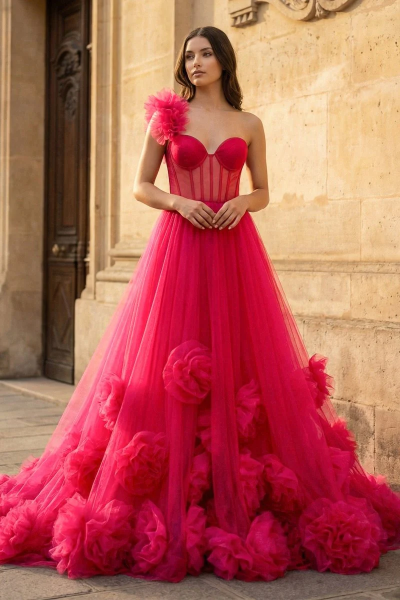 Hot Pink Ball Gown One-Shoulder Tulle Prom Dresses