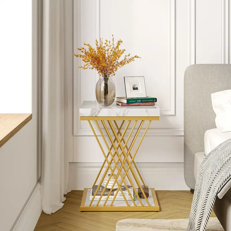 Modern White Gold Side Table Square End Table