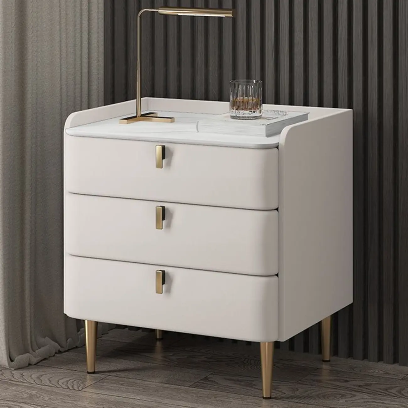 Modern Leather Stone Top Gold Accents 3-Drawer Nightstand