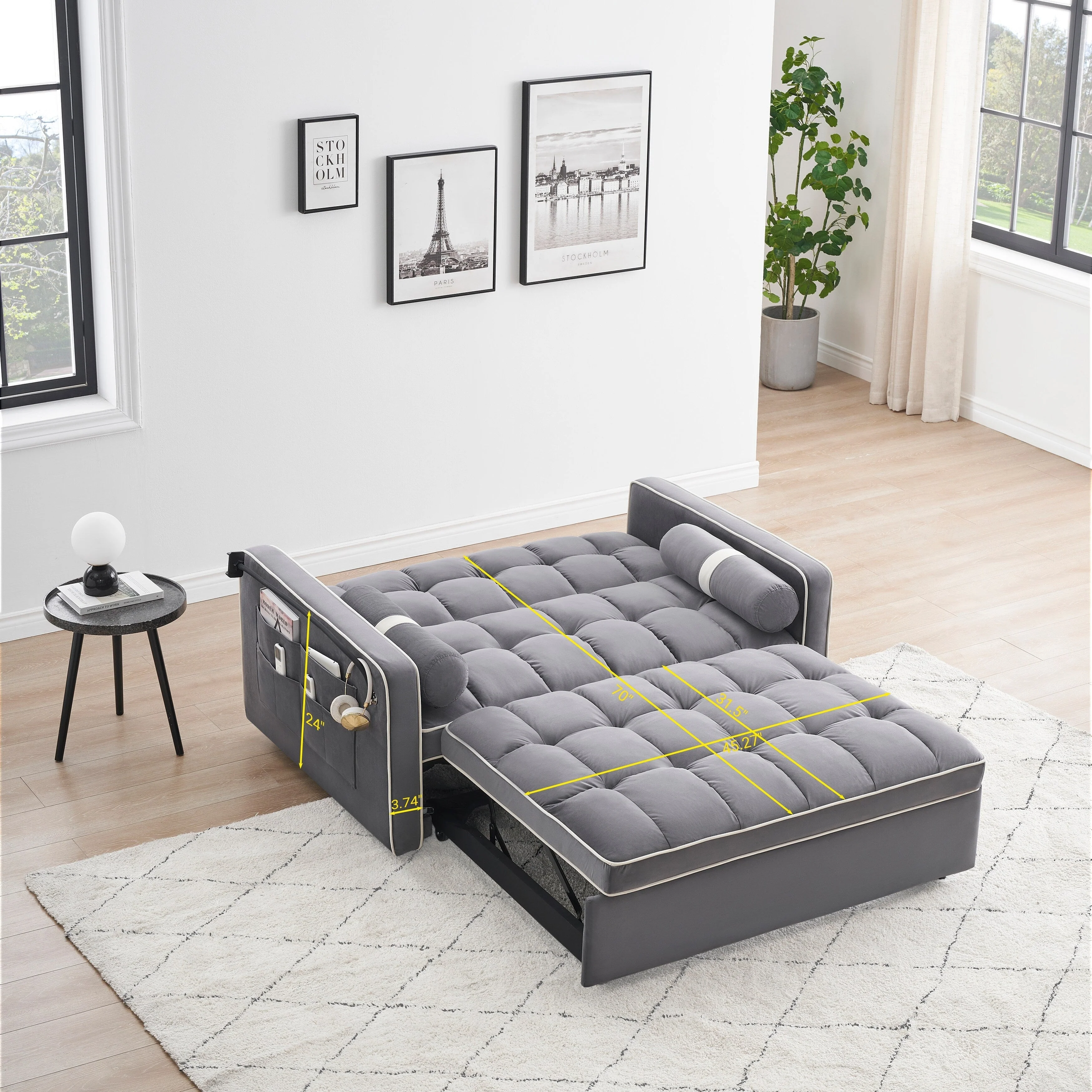 Velvet Convertible 55'' 2-Seater Sleeper Sofa with Pull-Out Bed, Adjustable Recline, Side Pockets, and Phone Holder