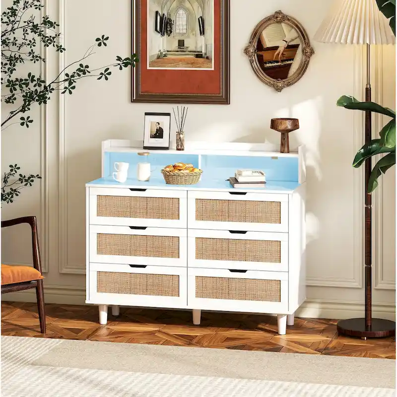 White Rattan Storage Cabinet with LED Lights & Power Outlet | 43
