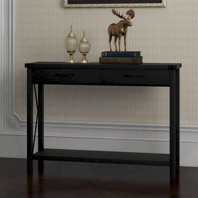 Narrow Console Table with 2 Drawers - Distressed Black