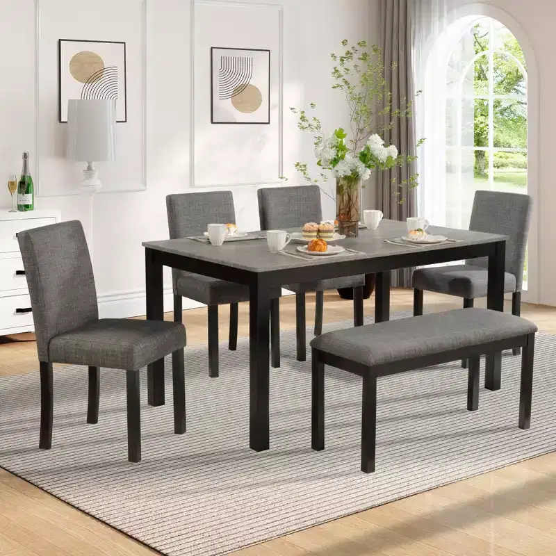 sumyeg 6 Piece Dining Table Set with Rectangular Table, Chairs and Bench for Dining Room