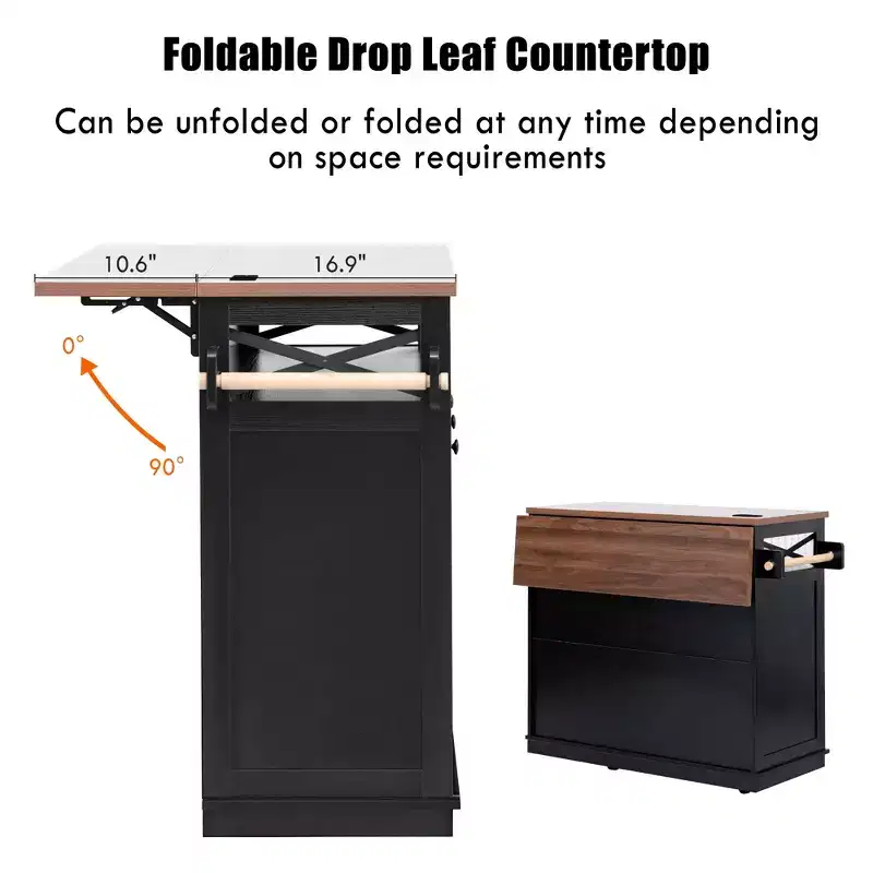 46.5 Farmhouse Kitchen Island with Power Outlet & Beaded Drape - Rolling Cart with Drop Leaf, 3 Drawers & Locking Wheels