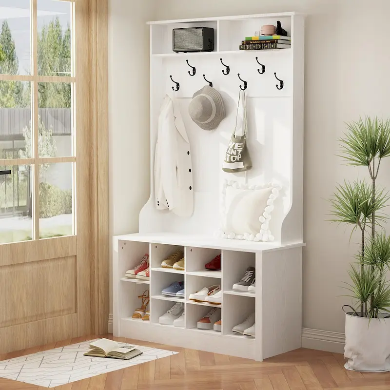 White / Brown / Grey / Black 4-in-1 Hall Tree, Coat Rack & Shoe Bench, Single