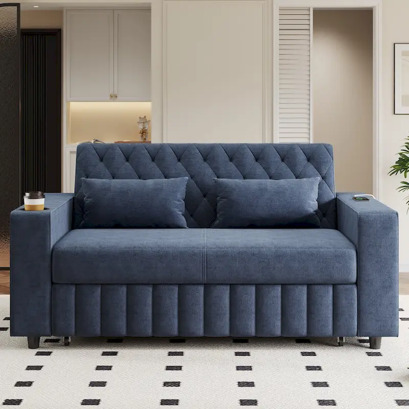 Blue / Beige / Grey Chenille Convertible Sofa Bed with Tufted Back, USB Ports and Side Storage – 2 Person