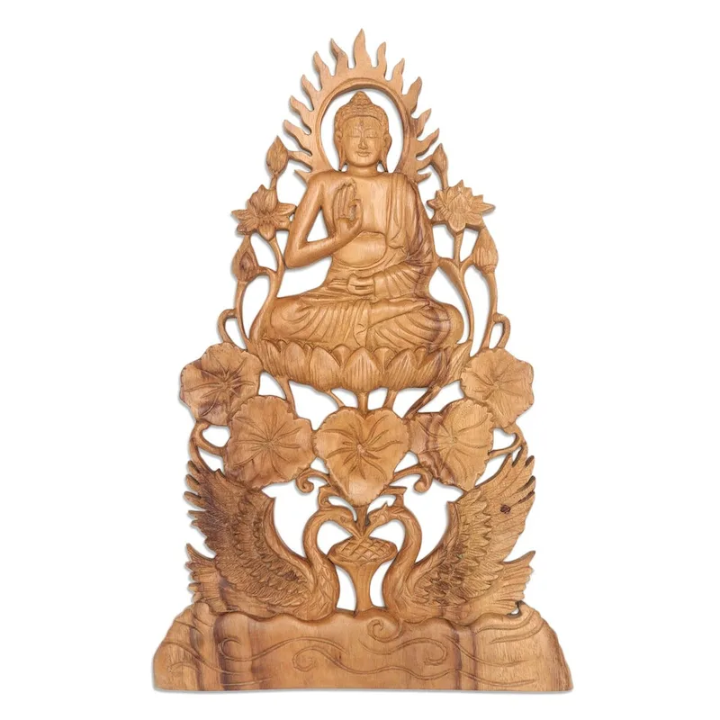 Novica Handmade Teaching Buddha Wood Relief Panel