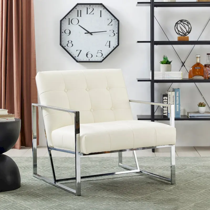 30.50H Cream Mid-Century PU Leather Tufted Accent Chair with Chrome Plated Frame