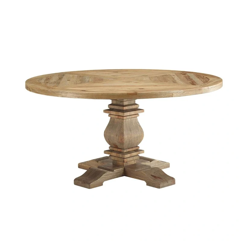 Brown Pine Wood Round Pedestal Dining Table 59-inch