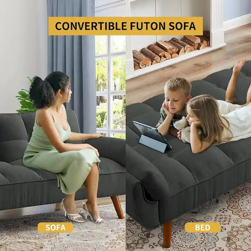 75.39 IN. Futon Sofa Bed, Convertible Upholstered Couch Sleeper with Reclining Sleeper Split Tufted Back