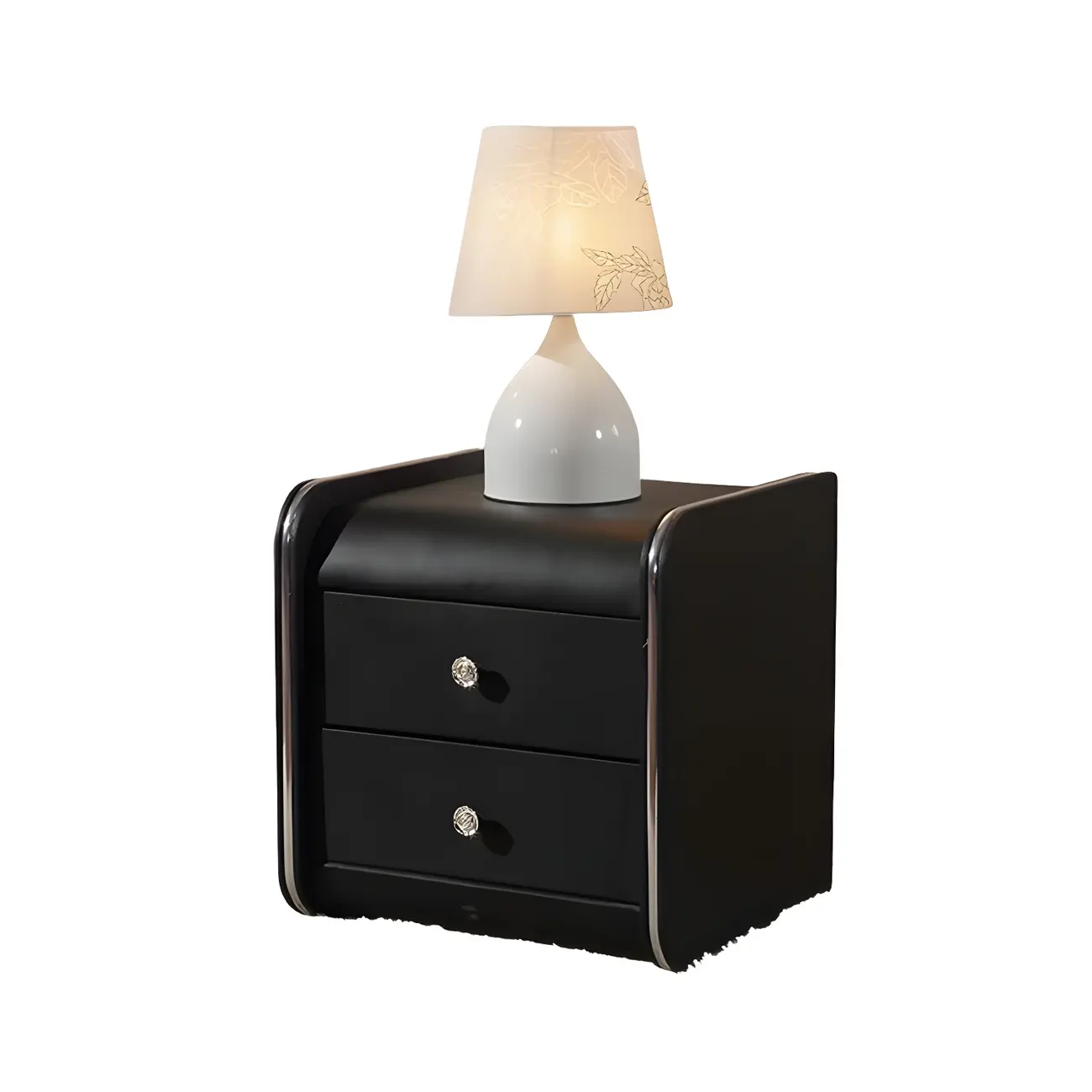Luxurious Glossy Leather Wooden 2 Drawer Black Nightstand