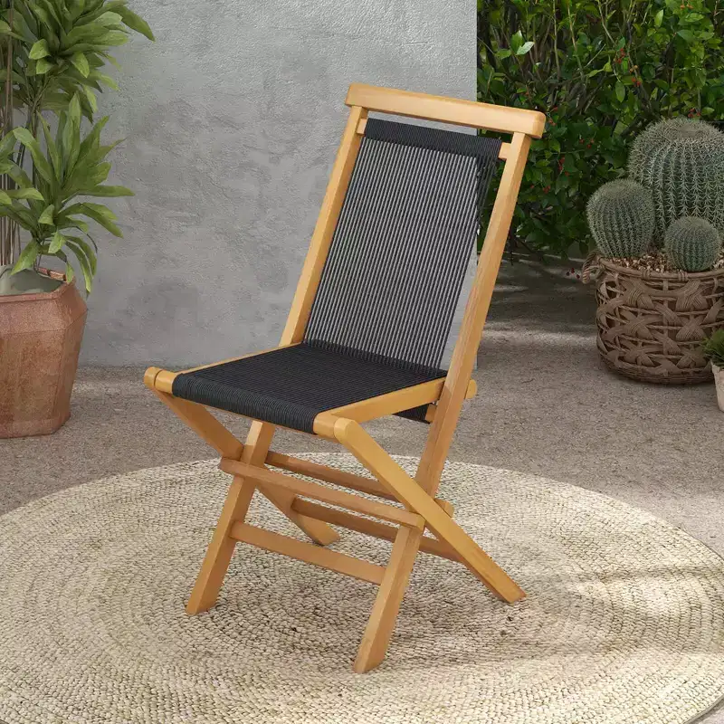 Costway 2/4 PCS Patio Folding Chairs with Woven Rope Seat & Back Indonesia Teak Wood for Porch Natural&Black