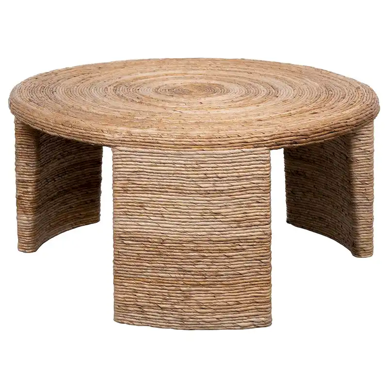 Asha 36 Inch Coffee Table, Round Shaped Top with Natural Rattan Wrapping