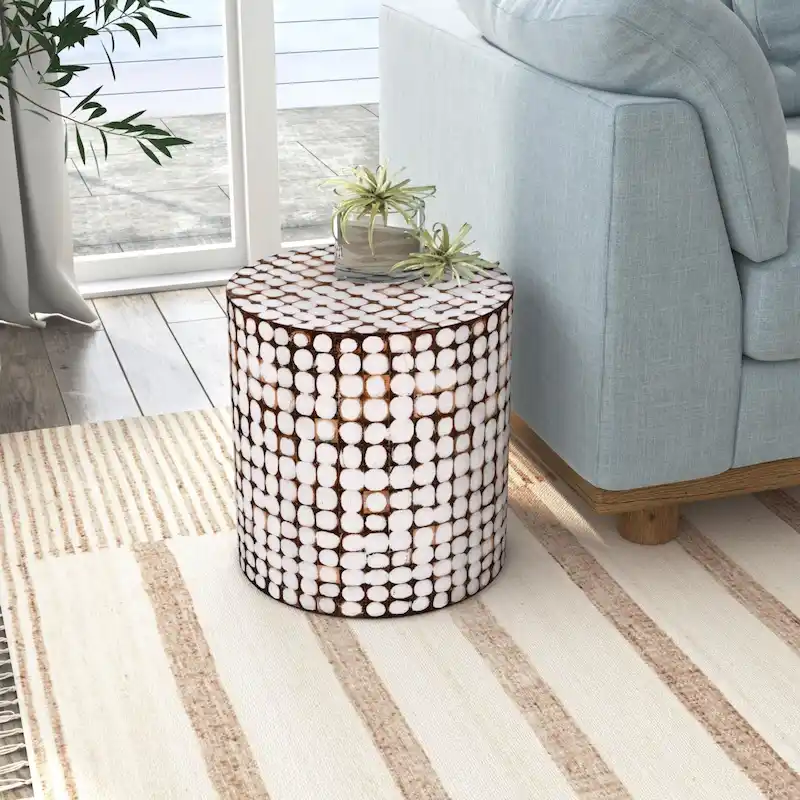 White / Green / Brown Round Coconut Shell Mosaic Accent Table, 1-Person