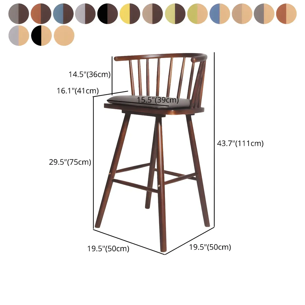 Traditional Wooden Low Back Bar Stool with Cushioned Seat