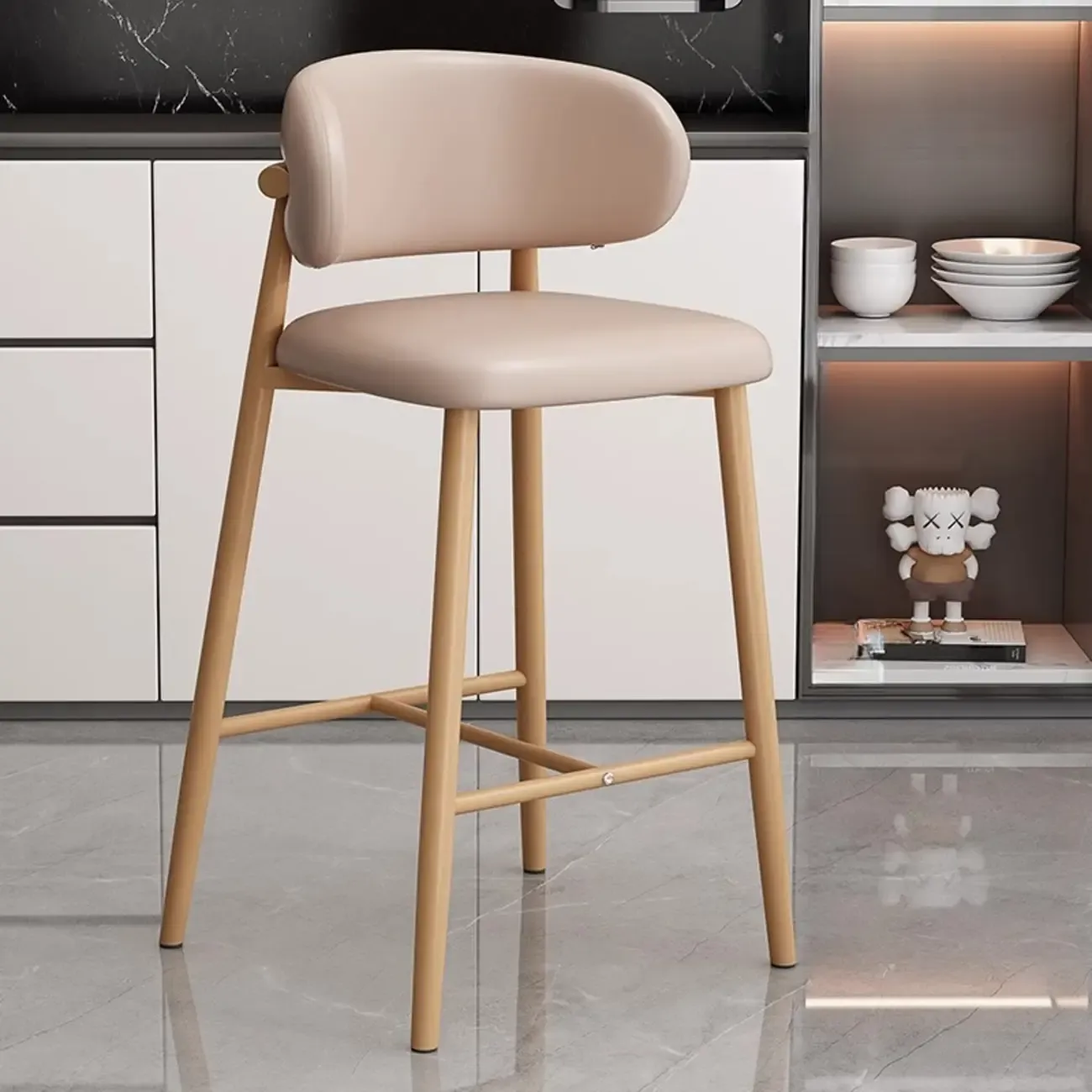 Modern Off-White Leather Curved Back Counter Bar Stools