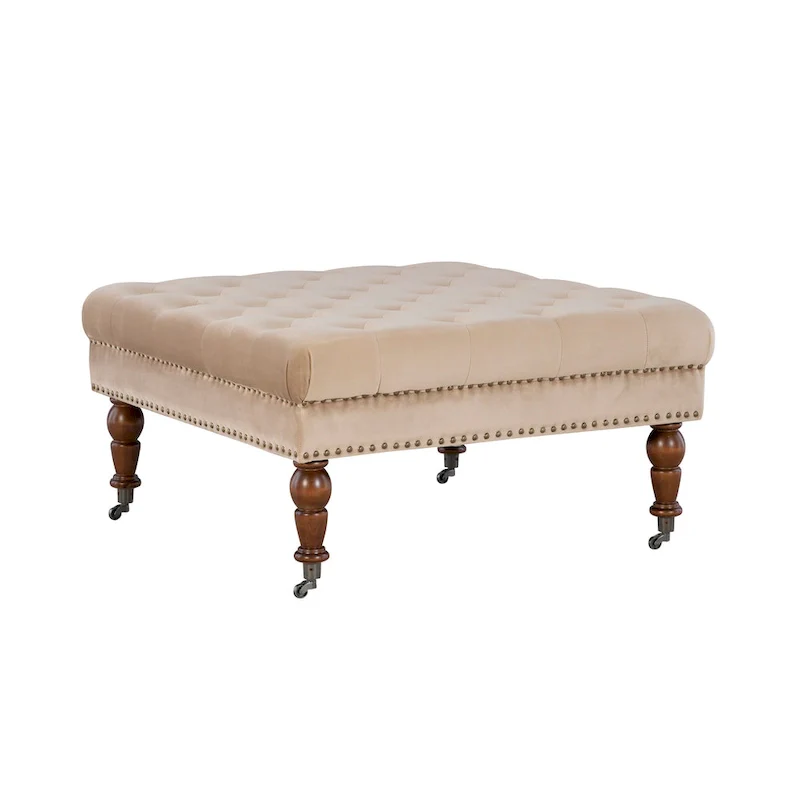 Tan Velvet Square Tufted Ottoman with Dark Walnut Legs – Single