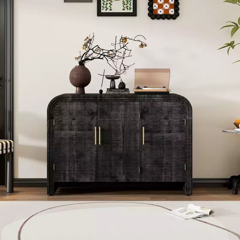 Retro Minimalist Curved Sideboard with Gold Handles and Adjustable Dividers(Antique Black)