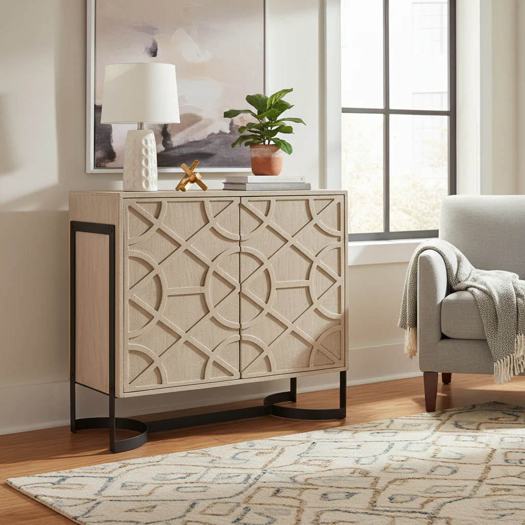 Mango Wood 2-Door Accent Cabinet with Black Metal Frame – Light Brown / Black