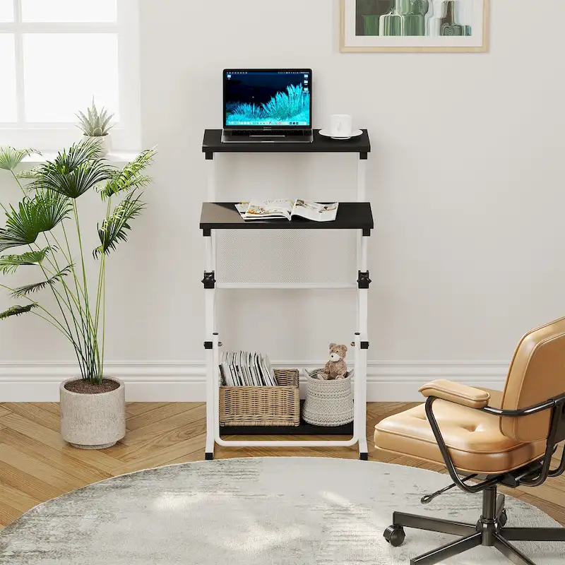 Black / White Adjustable Height Standing Desk with Shelf, 1 Person