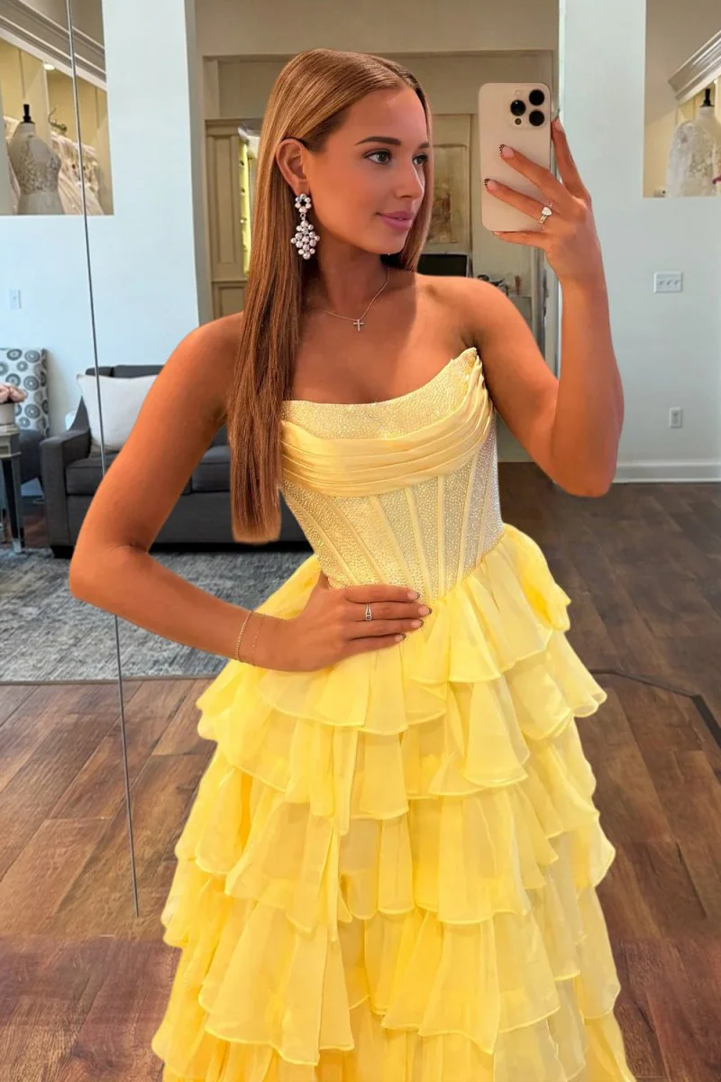 Yellow - A Line Strapless Chiffon Beaded Corset Long Prom Dress With Slit