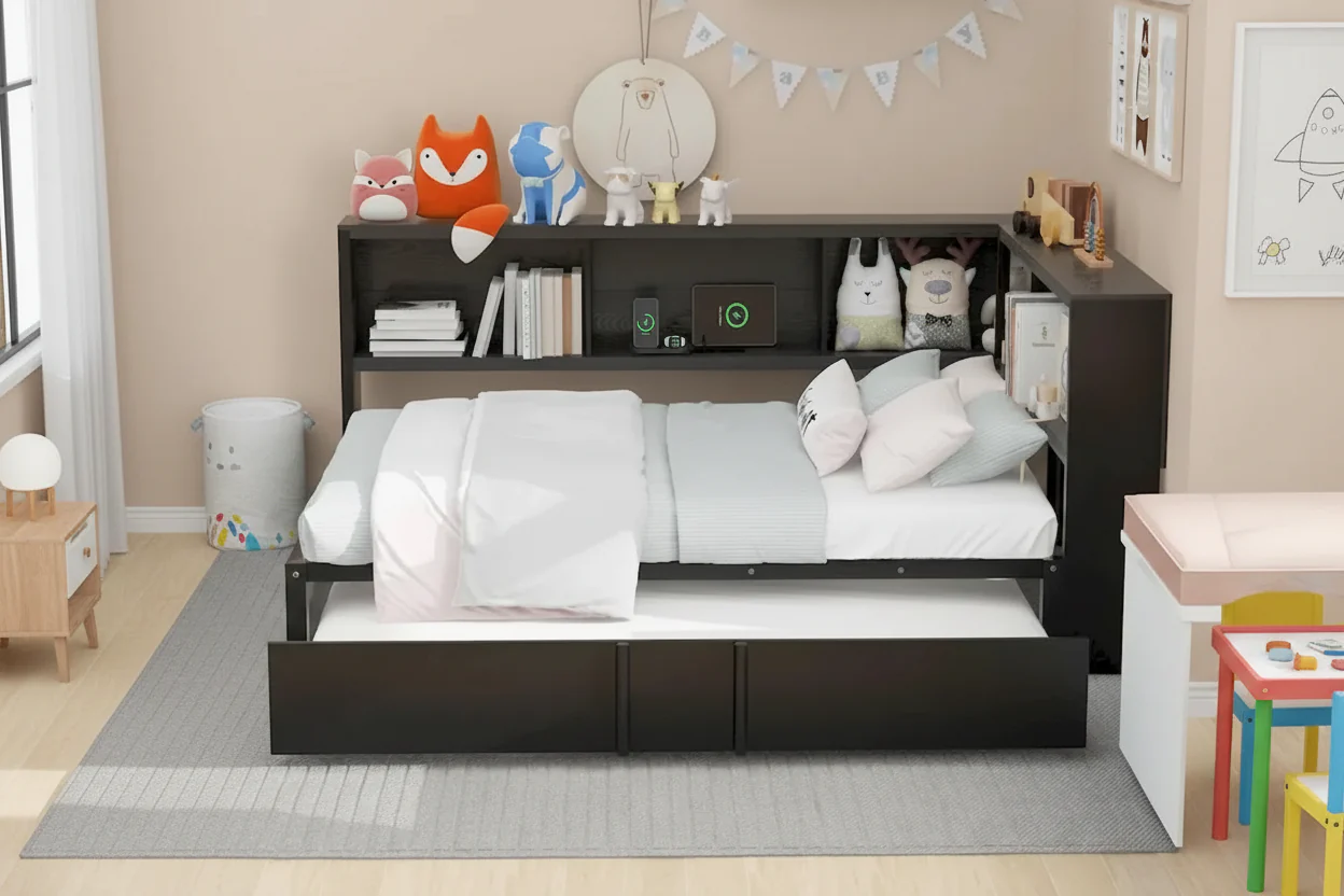 Black Metal Full Daybed with Twin Trundle, Storage Cabinets & USB Charging