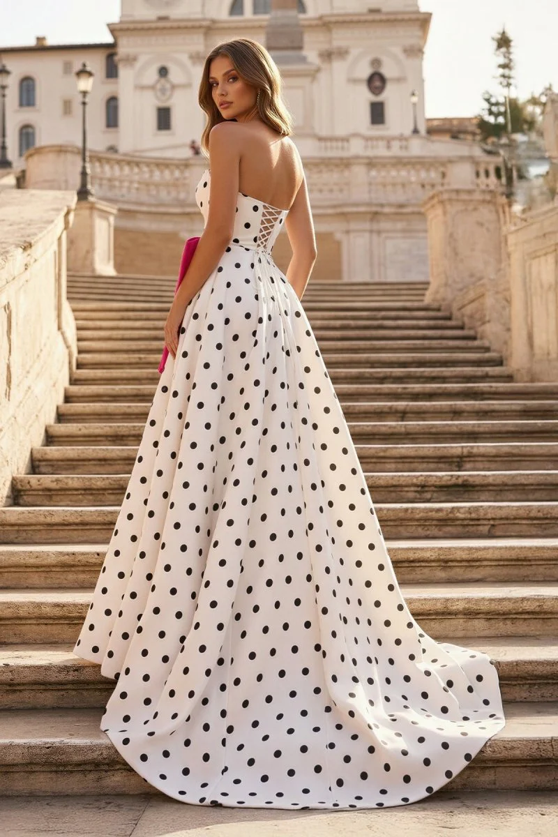 Fuchsia Strapless A Line Polka Dots Satin Long Prom Dresses With Bow