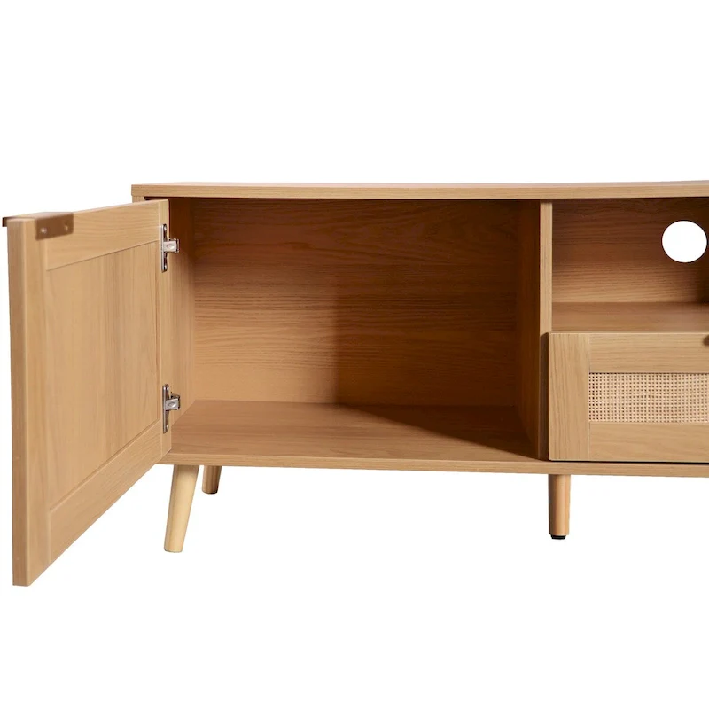 Natural Wood Rattan TV Stand with 2 Cabinets & Open Shelves, Farmhouse Style, Fits up to 85 Inch TV, 1-Person