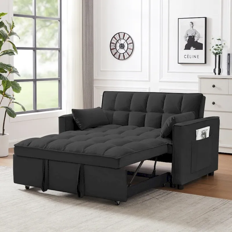 3 in 1 Convertible Velvet Sofa Couch w/Pullout Bed and Reclining Backres