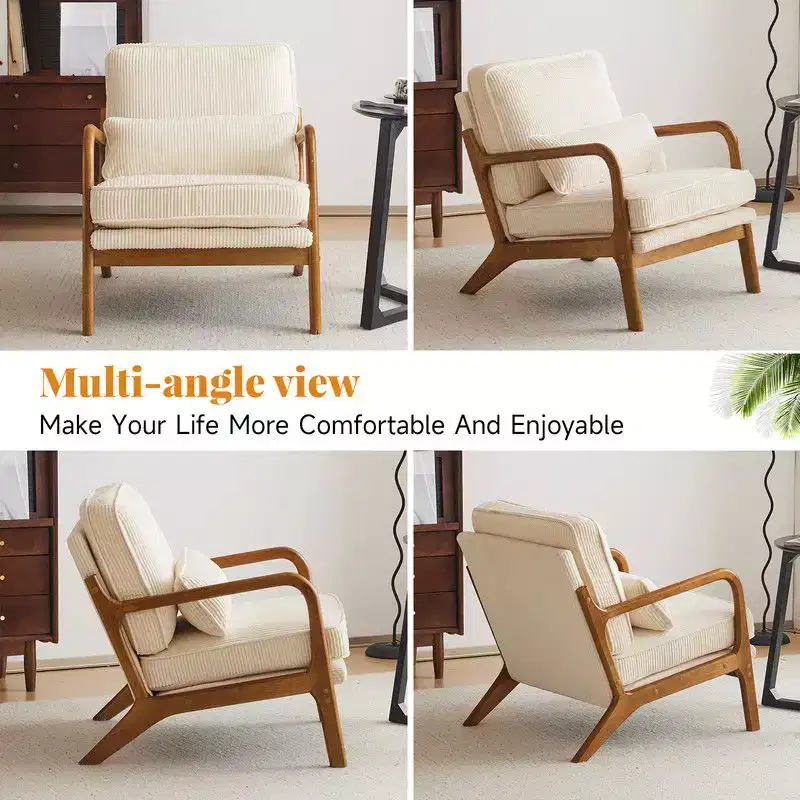 Karl Home 2Pcs Mid Century Solid Wood Accent Chair Upholstered Armchair with an Extra Pillow