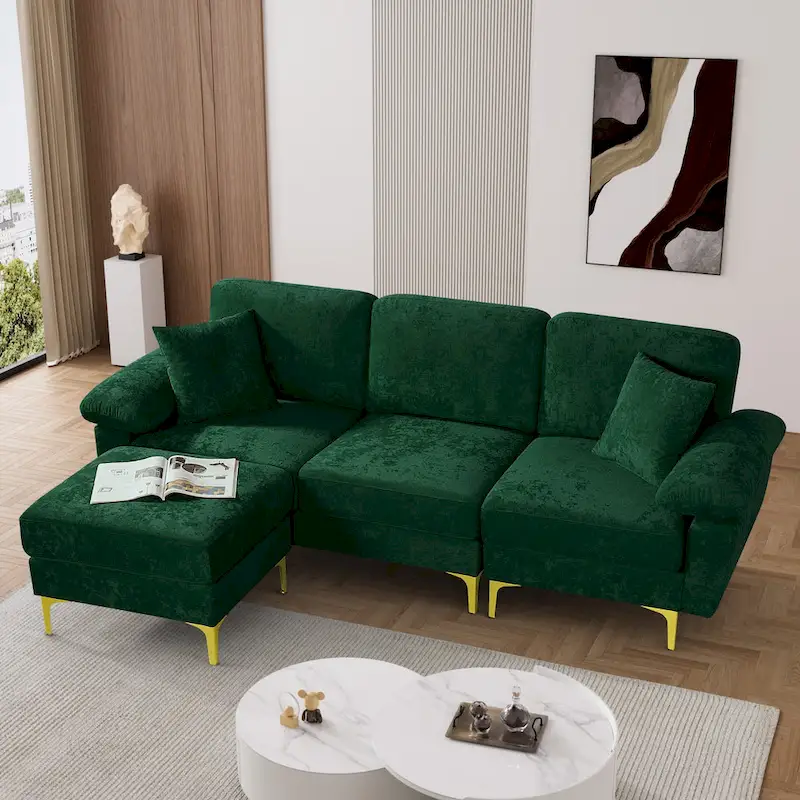 Ouyessir 2-Pieces Upholstered Velvet Sectional Sofa with 2 Pillows & Ottoman